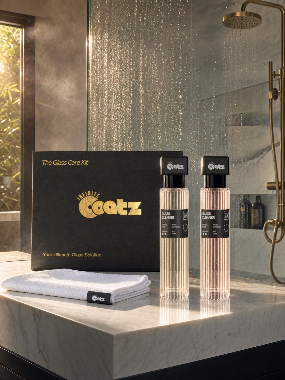 The kit on a marble ledge in a bright bathroom, with water beading on the shower screen behind it.