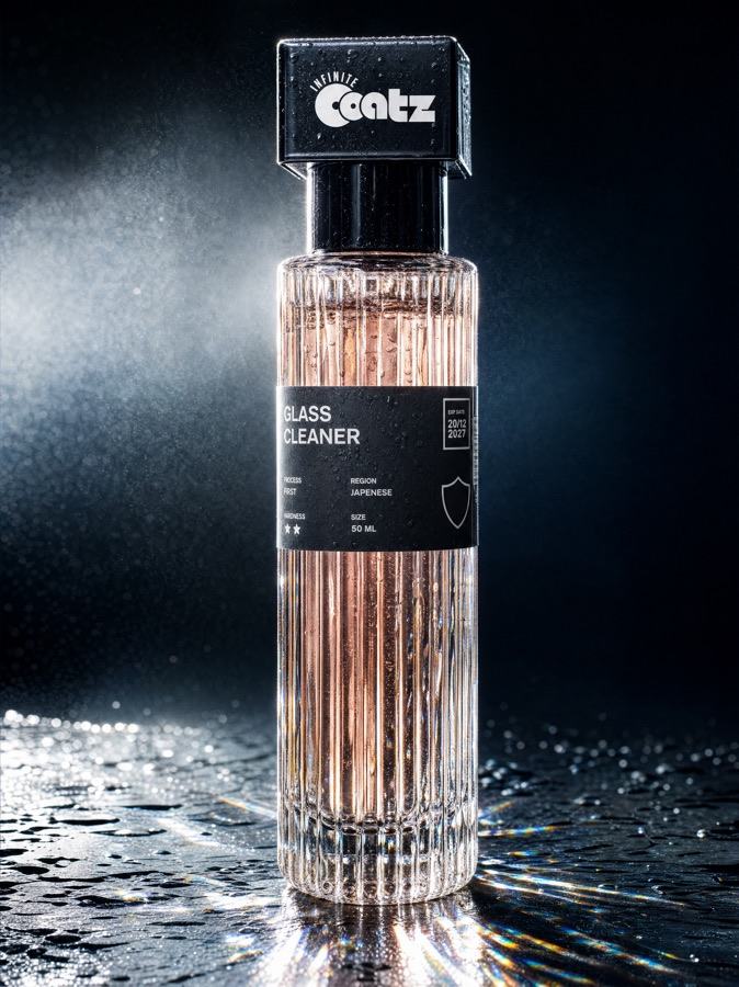 The Glass Cleaner bottle, tall fluted glass with a black square cap, lit from behind.