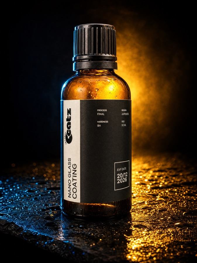 The amber Nano Glass Coating bottle glowing against a dark wet stone surface.